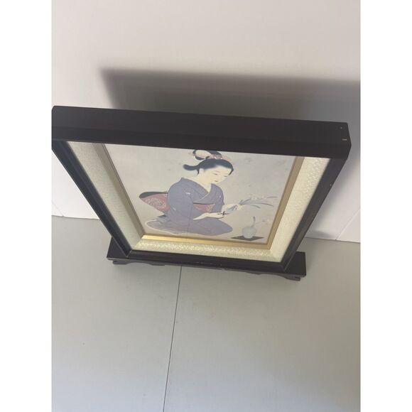 VTG Japanese Wall Decor Art Print Kimono Ikebana Flowers Framed Geisha Sign Seal - Picture 8 of 13